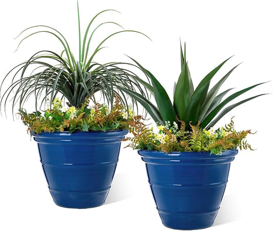 Glitzhome 19.5" D Large Flower Pots, Cobalt Blue Faux Ceramic Finish Plastic Tall Planters, Tall Planters for Outdoor Plants with Drainage Holes, Round Plant Pots for Front Porch Patio Deck, Set of 2