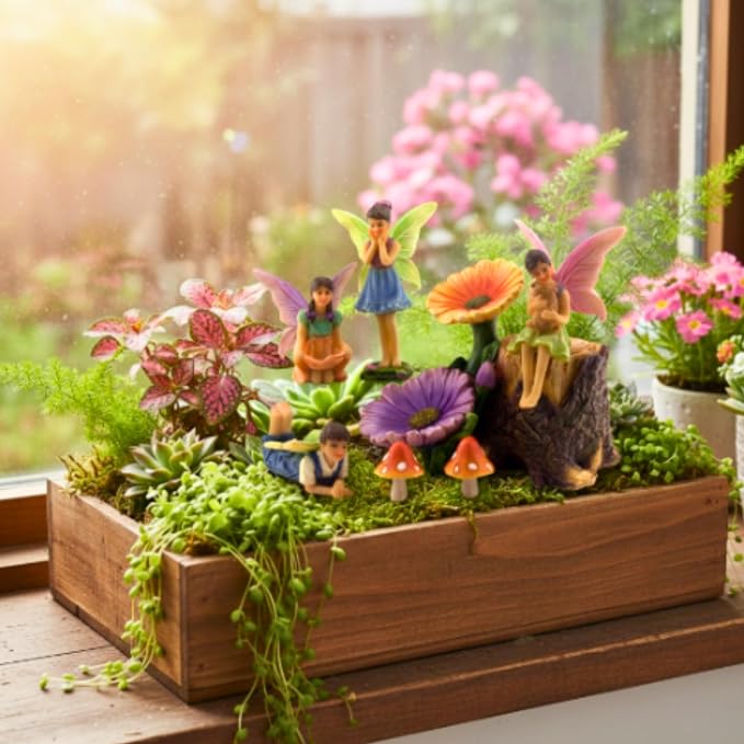 PRETMANNS Fairies for Fairy Garden Accessories for Outdoor - 4 Figurines Miniature Set with a Flower Stump, 2 Mushrooms - Ideal for an Indoor Miniature Fairy Garden Starter Kit - 7 Piece Supplies