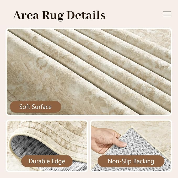 4x6 Ft Area Rugs for Living Room, Soft Non-Slip Machine Washable Rug, Vintage Stain Resistant Carpets for Bedroom Nursery Dining Room Home Decor (Beige)