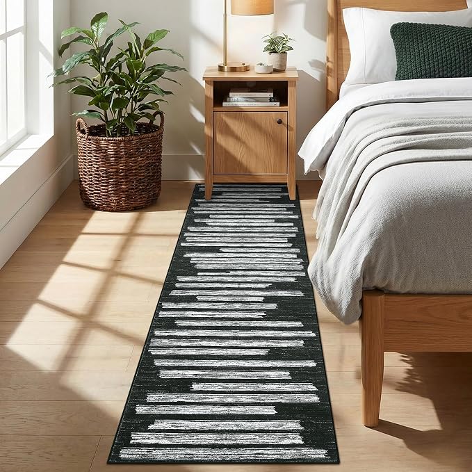 GarveeHome 2x6 Black Runner Rug for Hallway Striped Non Slip Kitchen Rug | Non-Slip Washable Low Pile Carpet for Bedroom Entryway Stain Resistant Foldable Soft Enreyway Rugs