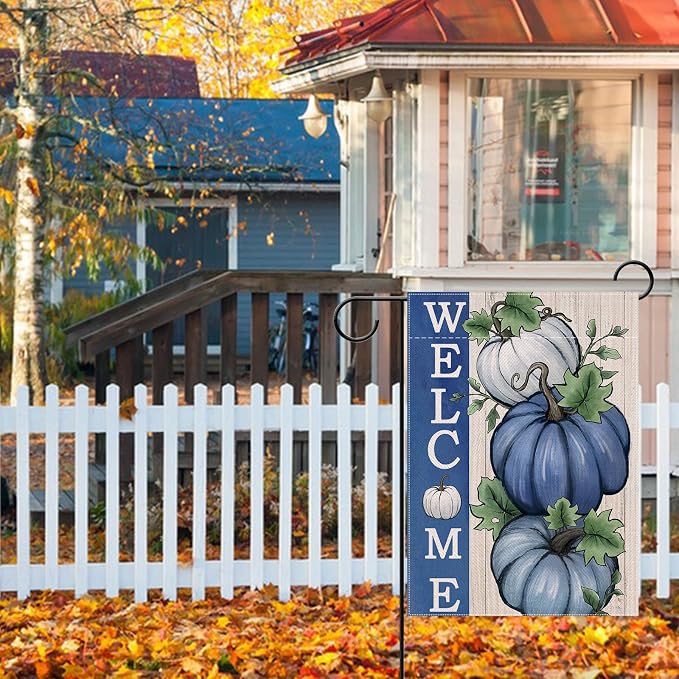 Welcome Fall Pumpkin Decorative Garden Flag, Autumn Blue White Pumpkin Farmhouse Yard Outside Decorations, Thanksgiving Rustic Burlap Outdoor Small Home Decor Double Sided 12 x 18