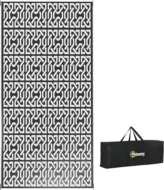 Outsunny Outdoor Rug for Patio, 9' x 18' Waterproof Large Mat, Reversible Plastic Straw Rug for Decor, Portable Outside RV Camping Area Carpet Mat for Backyard Porch Deck Picnic, Black & White Chain