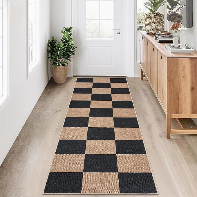 Garvee 2x8 Runner Rug Kitchen Rugs Non Slip Washable Rug, Black/Brown | Easy Jute Modern Checkered Rug Hallway Runner Rug Stain Resistant Easy Cleaning Non Shedding Floor Cover for Laundry Entryway
