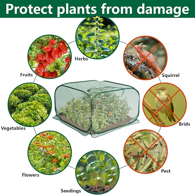 2 Pcs Pop Up Mesh Plant Cover, 35" x 35" x 27.5" Foldable Plant Protector Mesh Plant Enclosure, Garden Net Cage Guard Cover with 8 Ground Stakes for Protecting Plant Vegetable Fruit from Birds Insects