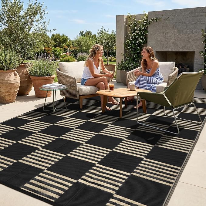 Garvee Waterproof Outdoor Rug 10x20, Checkered Foldable Plastic Straw Patio Camping Rug, Outdoor RV Carpet for Deck Camper Porch Balcony Backyard Picnic Beach Black and Brown