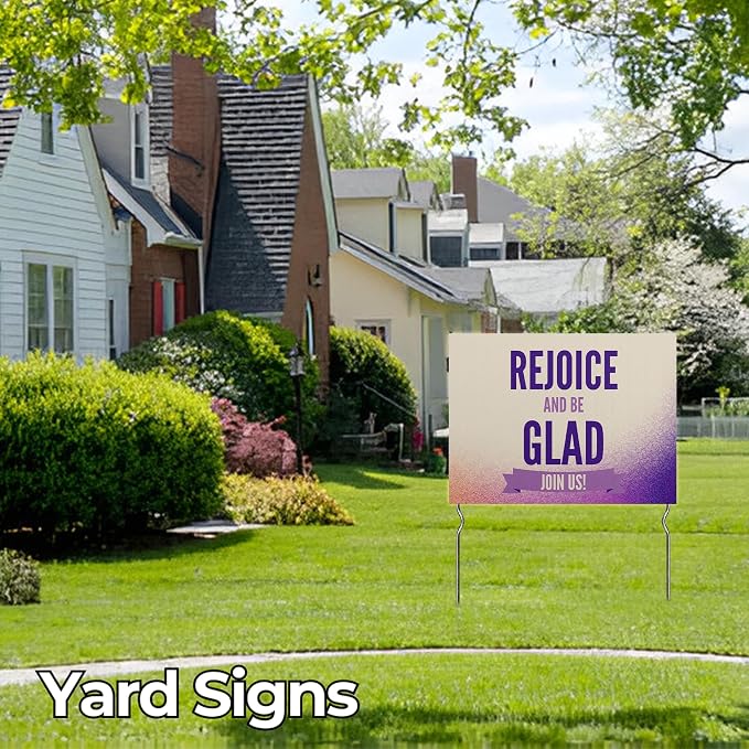 Rejoice & Be Glad - Join Us! Yard Sign by DC | 24"x18" Double Sided Church Garden Sign with 13” Metal Stakes | Outdoor Signs Waterproof for Lawn, Patio, Sidewalk & House | Set of 3 | Made in USA