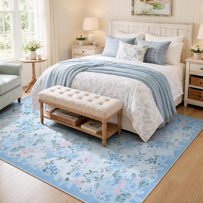 Lahome Blue Rugs for Bedroom 5x7, Low Pile Ultra-Thin Area Rug | Pet Friendly, Easy To Clean Non Slip Carpet For Bedroom, Nursery Or Cozy Corner Decor