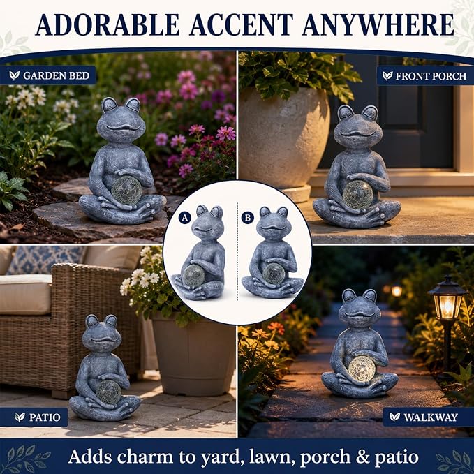 Solar Meditating Yoga Frog Statue 6.8L x 9.65H | Zen Garden Figurines for Home and Garden Decor, Frog Decorations Gift Ideas, Gifts for Women Mom