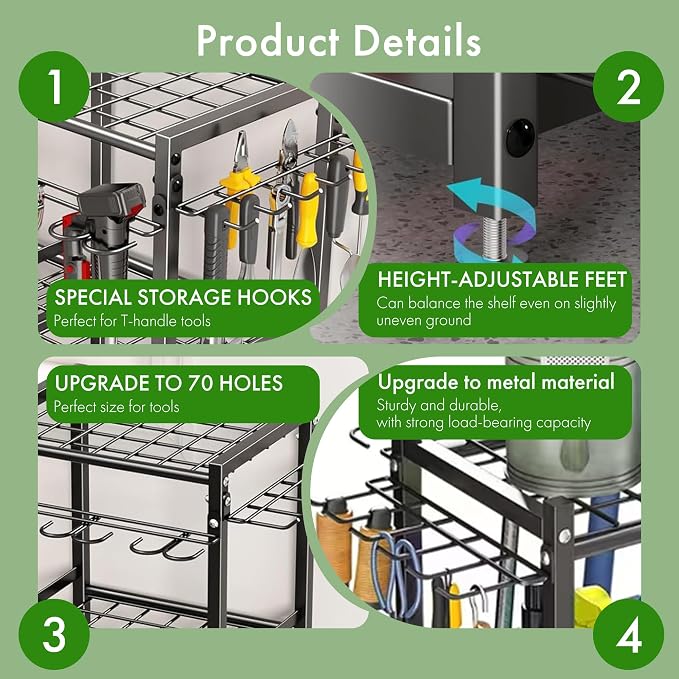 Garden Tool Organizer‑70‑Hole Garage Storage Rack with Adjustable Feet & Sturdy T‑Handle Hooks, Broom/Mop Holder for Yard, Shed, Multi‑Scene Use, No‑Tool Assembly, Black Garage Storage Rack