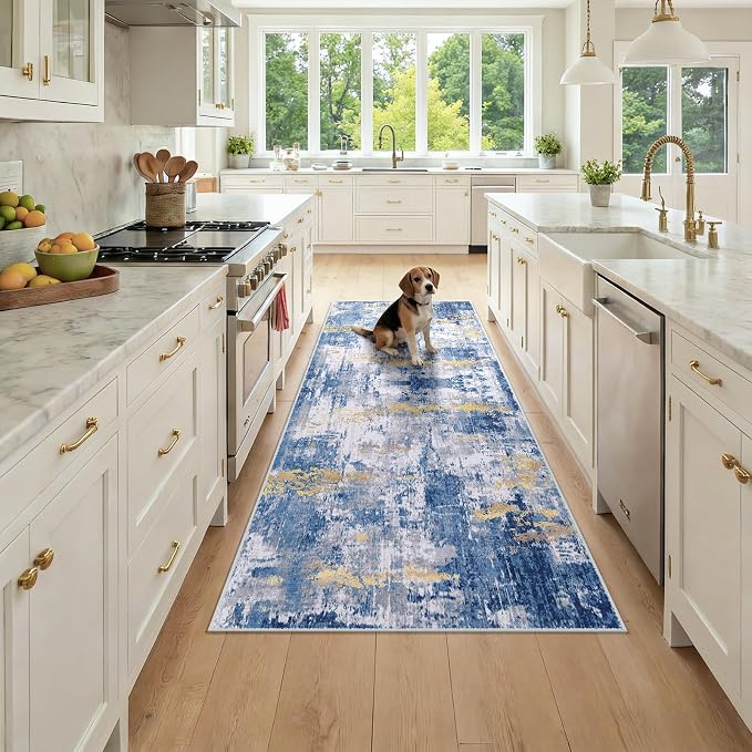 RELEANY Washable Runner 3'x7' Abstract Area Rug for Hallway Blue Gold | Carpet for Kitchen, Entryway, Bathroom, Living Room, Bedroom, Printed Pattern, Non‑Slip, Soft, Stain‑Resistant, Easy to Clean