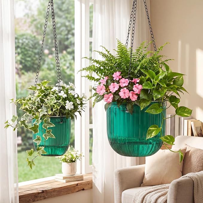 Maxcheck 2 Pcs Self Watering Hanging Planters Indoor Gift 6.5'' 4.5'' Hanging Flower Pots Baskets Outdoor Emerald Self Watering Plant with 2 Hooks Drainage Holes for Home