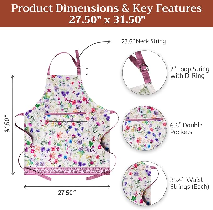 Maison d' Hermine Aprons for women with Pocket 100% Cotton (27.50"x31.50") | Adjustable Neck Strap & long ties Apron Men Chef Wedding Cooking Gardening Server Maid