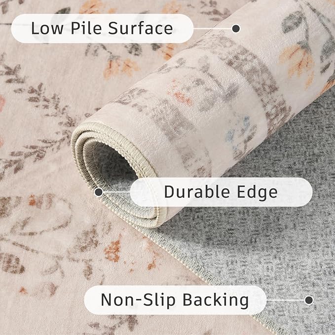 DCX Washable 6x9 Rose Biege Floral Rug for Girls Bedroom | Soft Cottagecore Rug for Baby Girl Nursery, Non Slip Low Pile, Kid & Pet Friendly Vintage Botanical Carpet