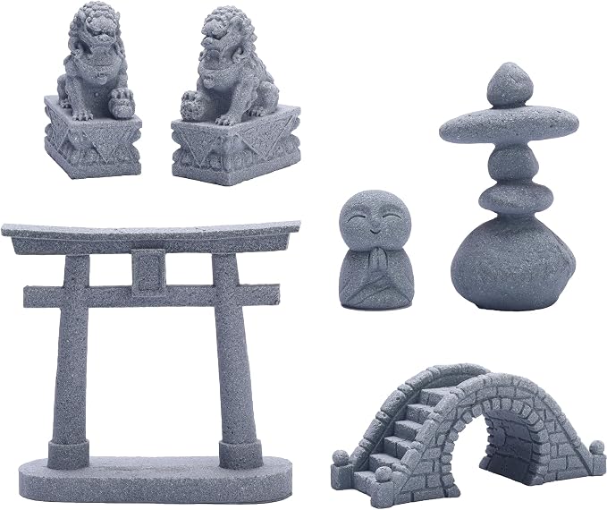 6 PCS Mini Zen Garden Accessories, Miniature Garden Bridge Foo Dogs Torii Gate Sandstone Figurines Meditation Zen Decor Japanese Fish Tank Terrarium Decorations Plant Pots Bonsai Craft Decor (M)