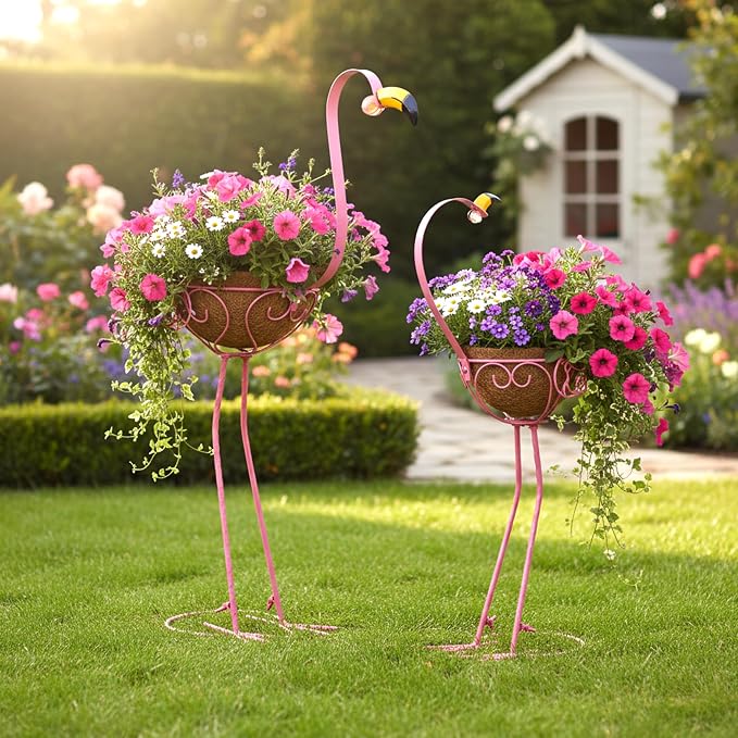 Pink Flamingos Metal Potted Plants Holders with Coconut Flower Pots | Manortang Set of 2 Yard Flamingos Plant Stand Indoor & Outdoor, Floral Garden Christmas Decor, Flower Pot Stand Outdoor