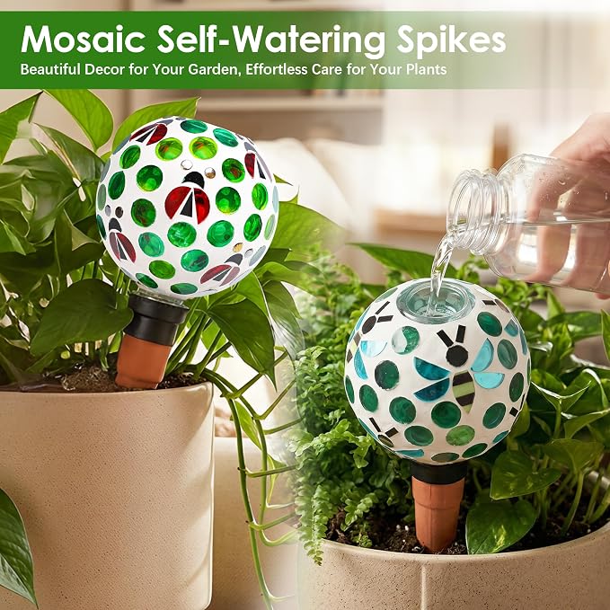 Terracotta Plant Watering Globes Mosaic Self Watering Spikes 2 Pack for Indoor Outdoor Plants Automatic Plant Waterer Plant Watering Devices for Garden Home Decor, Green