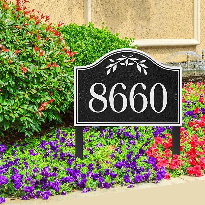 Yard Address Sign - Personalized Address Plaque,House Number Yard Sign,House Numbers for Outside,Lawn,Yard,Ground with 2 Stakes (Black/Silver)