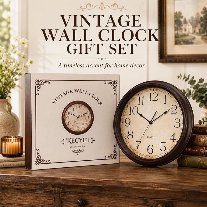 KECYET Wall Clock 10 Inch Battery Operated Silent Non-Ticking Analog Wall Clocks Vintage Retro Rustic Style Decorative for Bedroom Living Room Kitchen Office (Bronze)