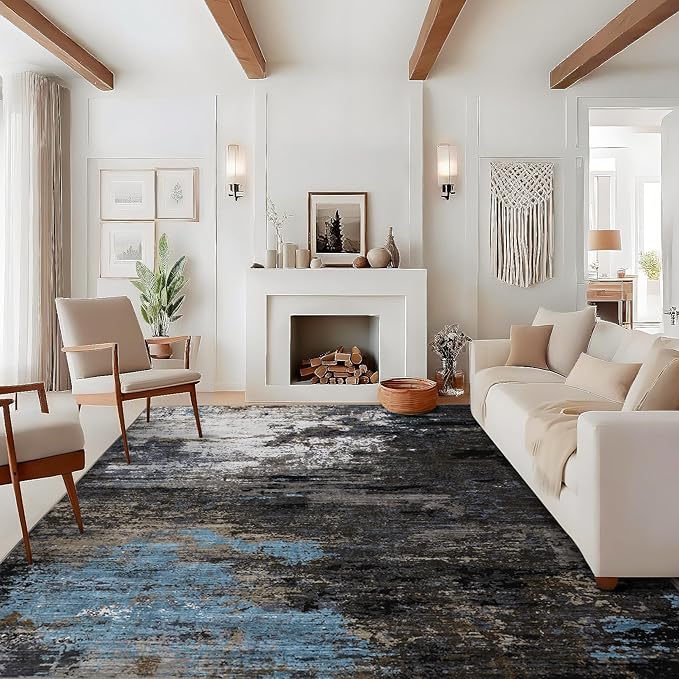 GarveeHome Large Area Rugs 10x13 Abstract Neutral Living Room Carpet, Non-Shedding Contemporary Floor Mat, Foldable Thin Rug, Machine Washable Indoor Carpet for Bedroom, Grey Brown