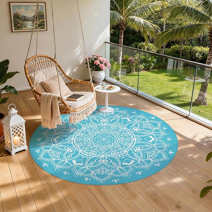 Pauwer Waterproof Outdoor Rug 8ft, Reversible Plastic Straw Patio Camping Rug, Indoor Outdoor RV Mat Carpet for Deck, Camper, Porch, Balcony, Backyard, Picnic, Floral Teal