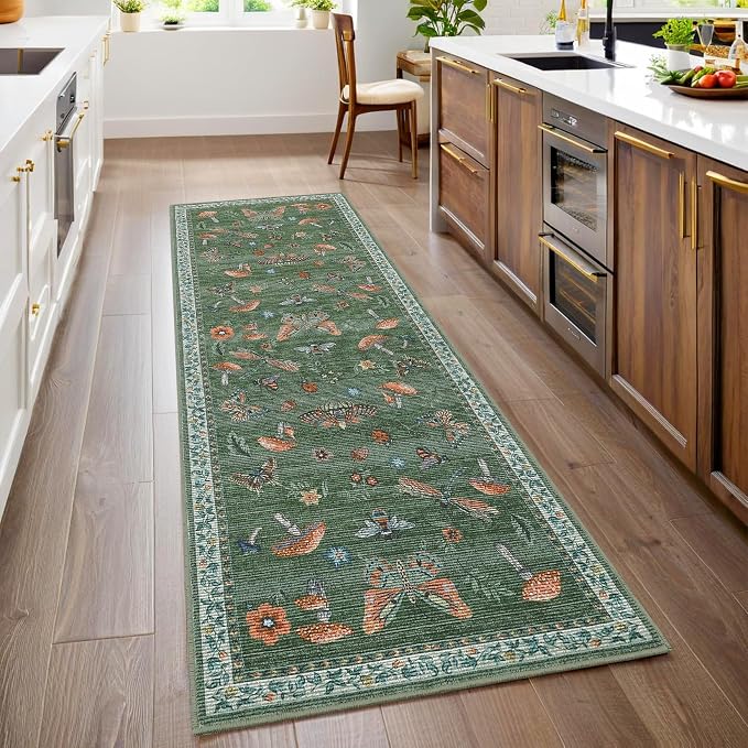 ROYHOME Mushroom Insect Rug 2x6 Runners for Hallways, Boho Kitchen Runner Rugs Non Slip Bath Runner, Modern Washable Runner Rug for Bedroom, Soft Long Rugs for Entryway Bathroom Laundry Dorm, Blue