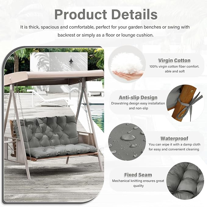 Porch Swing Cushion with Backrest,Waterproof Bench Cushion for Outdoor Furniture,2-3 Seater Replacement Thickened 5 in swing cushion,with Ties,Patio,Outdoor,Backyard and Garden (Light Grey,47x40 in)