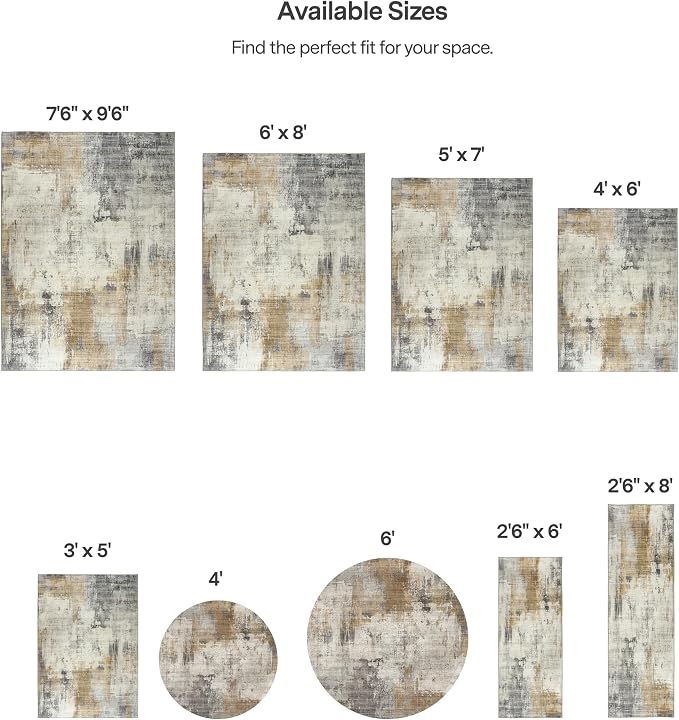 Machine Washable Area Rug - Living Room Bedroom Bathroom Kitchen Entryway Office - Padded Low Pile Stain Resistant Premium - Modern Abstract Contemporary - Quinn - Beige 6' Round