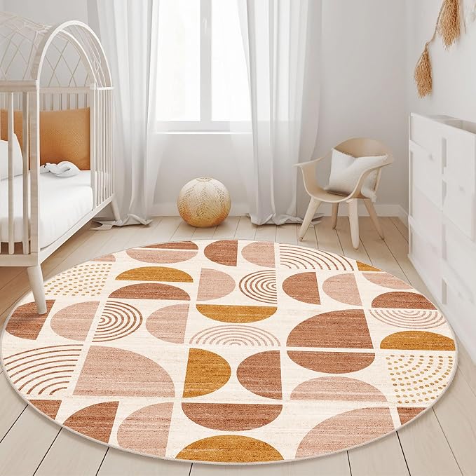 Round Rugs 5ft,Circle Area Rug Washable Non Slip Modern Abstract Boho | Circular Rugs for Bedroom Living Room Dining Room Throw Carpet Soft Low Pile Floor Indoor Bohemian Orange