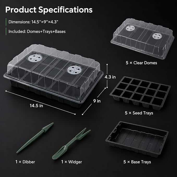 Gardzen 5-Pack Seed Starter Kits, Reusable Plant Germination Trays with Total 75-Cell, Seed Starter Tray with Humidity Vented Domes and Bases for Starting Vegetable Flower Herb Seeds 15" x 9", Black