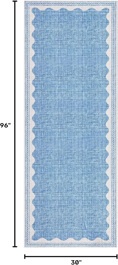 GarveeHome 2.5x8 Runner Rug for Hallway Washable Kitchen Rugs Non Slip Solid Blue Modern Minimalism Soft Low-Pile Scalloped Indoor Carpet for Entryway Laundry Room Floor Mats
