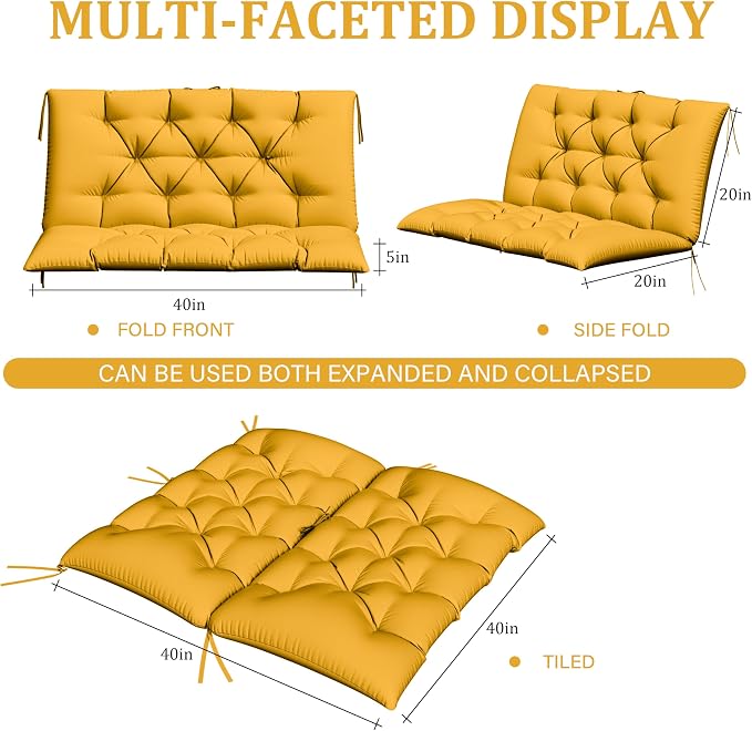 Porch Swing Cushion with Backrest,Waterproof Bench Cushion for Outdoor Furniture,2-3 Seater Replacement Thickened 5 in swing cushion,with Ties,Patio,Outdoor,Backyard and Garden (Yellow,40x40 in)