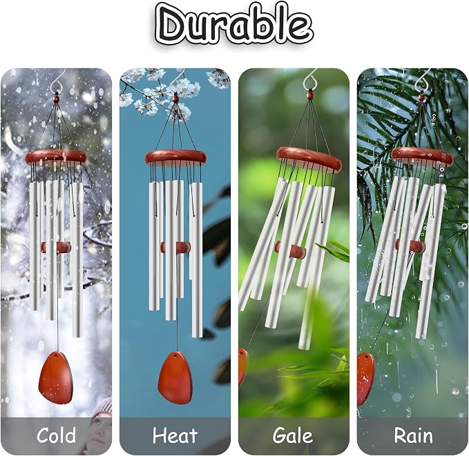 28" Wind Chimes for Outside. Deep Tone Lovely Wind Chimes with 6 Aluminum Tubes Courtyard Decoration. Windchimes Outdoor Create an Enjoyable Atmosphere & Give Mom a Gift(Silver)