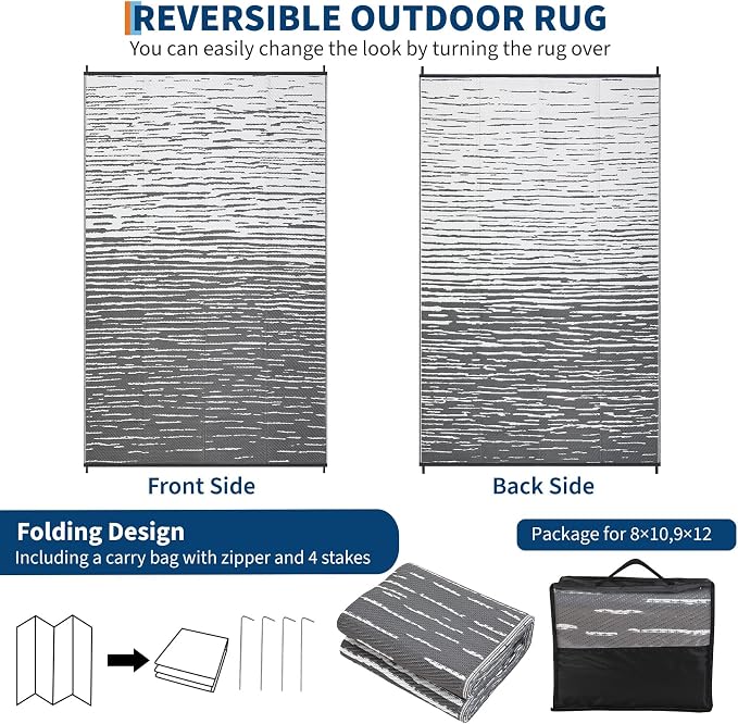 Garvee 5x8 Outdoor Rug Waterproof, Modern Striped Plastic Straw Rugs, Foldable Abstract Camping Rugs for Outside Your RV, Reversible UV Resistant Carpet for Backyard, Deck, Picnic, Beach, Porch, Grey