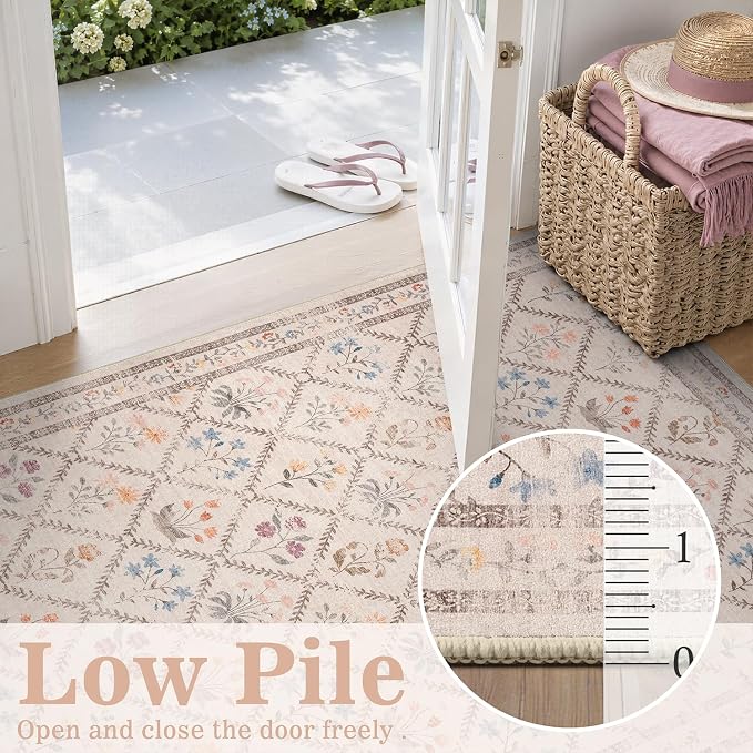 DCX Washable 8x10 Rose Biege Floral Rug for Girls Bedroom | Soft Cottagecore Rug for Baby Girl Nursery, Non Slip Low Pile, Kid & Pet Friendly Vintage Botanical Carpet