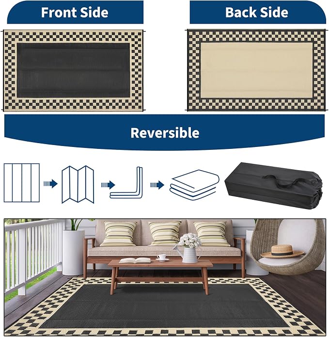 Waterproof Plastic Straw Outdoor Rug 9x18 Patio Reversible UV Resistant Foldable Camping Carpet Modern Geometric Border Large Outdoor Rugs for Deck, Camper, Balcony, Beach，Black/Coffee