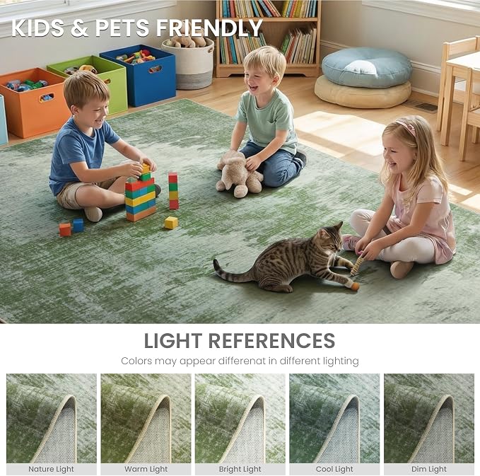 5'x7' Sage Green Faded Abstract Faux Wool Area Rug Living Room Soft | Modern Machine Wash Non-Slip Rug Throws, Kid-Friendly Low Profile Carpet for Bedroom, Kids Room, Farmhouse Under Bed, Green