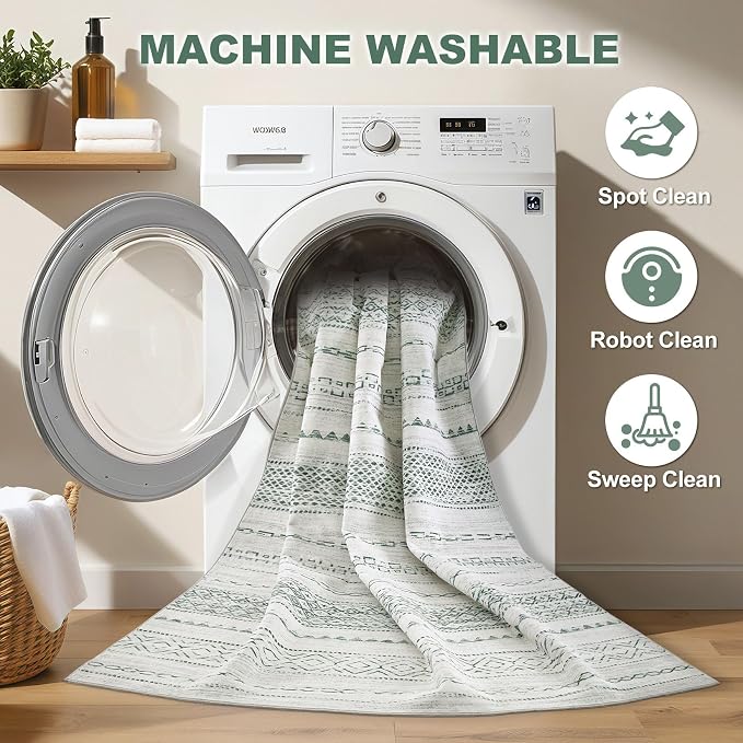 Nakagishi Boho 5x7 Area Rug Living Room Rugs Machine Washable Green | Soft, Pet & Kid Friendly, Carpet for Living Room/Bedroom/Office/Kitchen/Nursery, Daily Home Decor Stain Resistant Moroccan