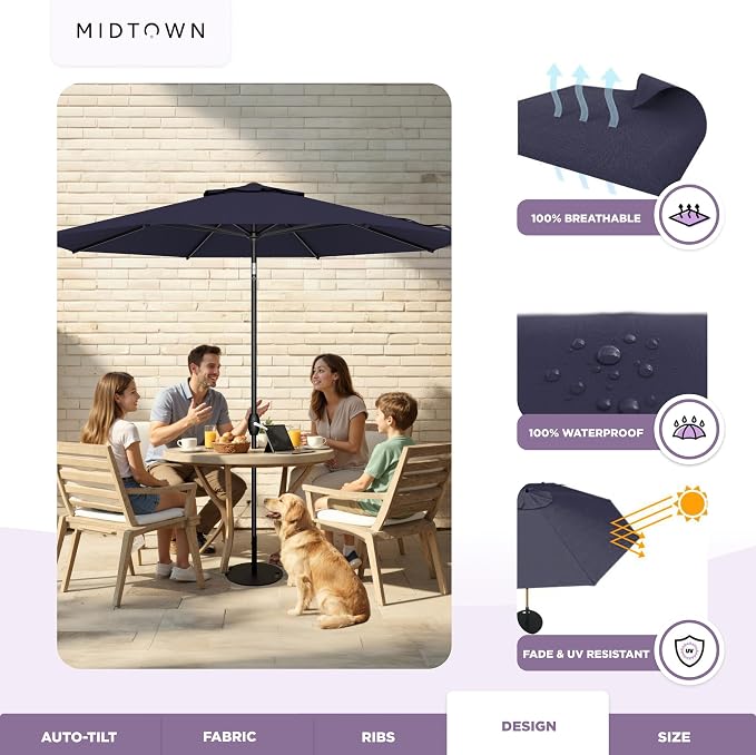 Midtown Umbrellas - 10-Year-No-Fade 9 Ft Patio Umbrella with Terylast Fabric, Auto-Tilt Aluminum Frame and 8 Reinforced Ribs for Deck, Pool, Garden & Beach - Navy Blue Canopy, Black Pole