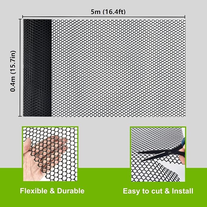 Plastic Chicken Wire Mesh Fence Roll, GENNIZZ 15.7IN x 16.4FT Rigid Plastic Fencing & Netting for Garden, Dog Cat Balcony Barrier (0.4m x 5m)