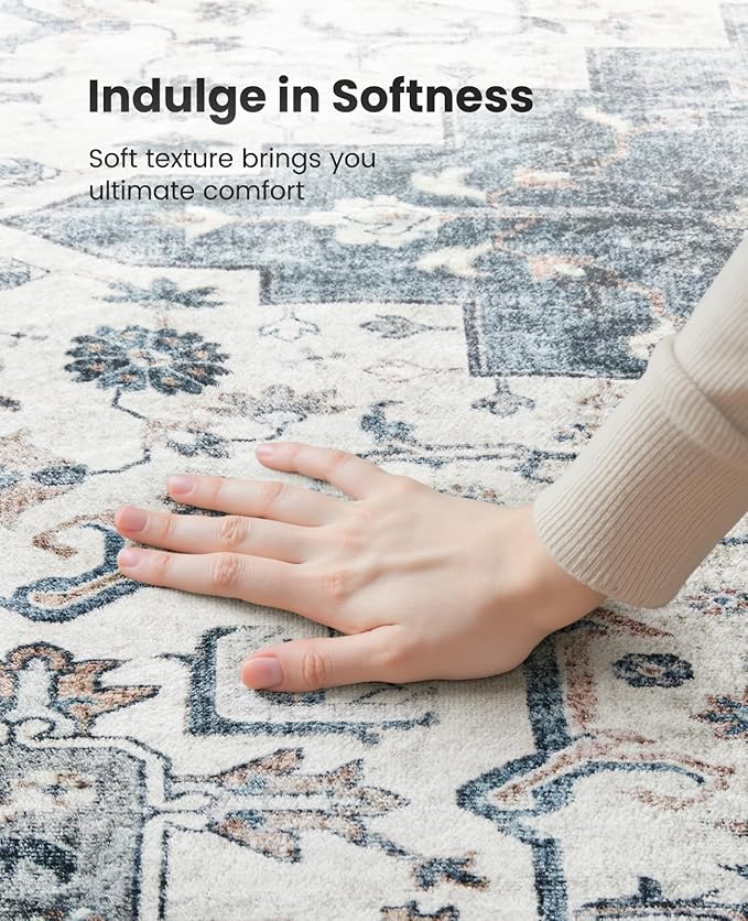 AMADA HOMEFURNISHING 2'6"x10' Washable Area Rug, Low-Profile Entryway Rug with Non-Slip Backing & Durable Edge Binding, Vintage Rug Pattern, Small Rugs for Entryway, Kitchen & Living Room