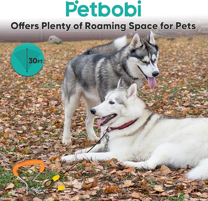Petbobi Dog Tie-Out Cable and Stake - 30ft Heavy Duty Cable with Spring, No Tangle, 16in Ground Stake, Ideal for Outdoor Yard, Camping, Suitable for Small Medium Large Dogs Up to 120 lbs, Black