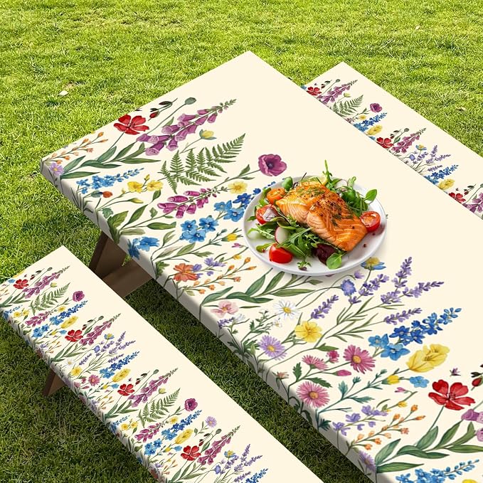 Picnic Table Cover with Bench Covers Elastic Edges, Cottagecore Camper Fitted Table Cover, Outdoor Camping Essentials 72 Inch 3PCS, Waterproof Camping Fitted Tablecloth with Drawstring Bag