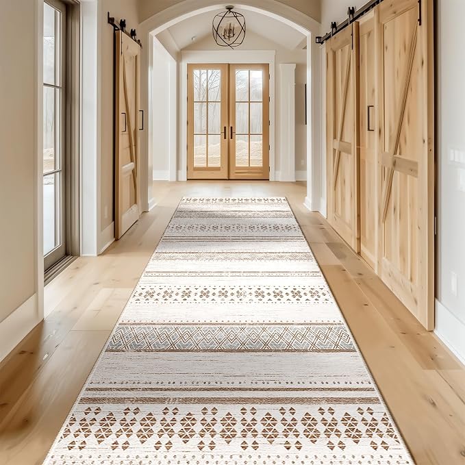 2x8 Washable Area Rugs for Living Room Boho Runner Rug Cream/Brown/Pink | Vacuum Friendly, Machine Washable, Non-Slip Rug, Stain Resistant, Moroccan Geometric, Low Pile Carpet, Hallway Kitchen