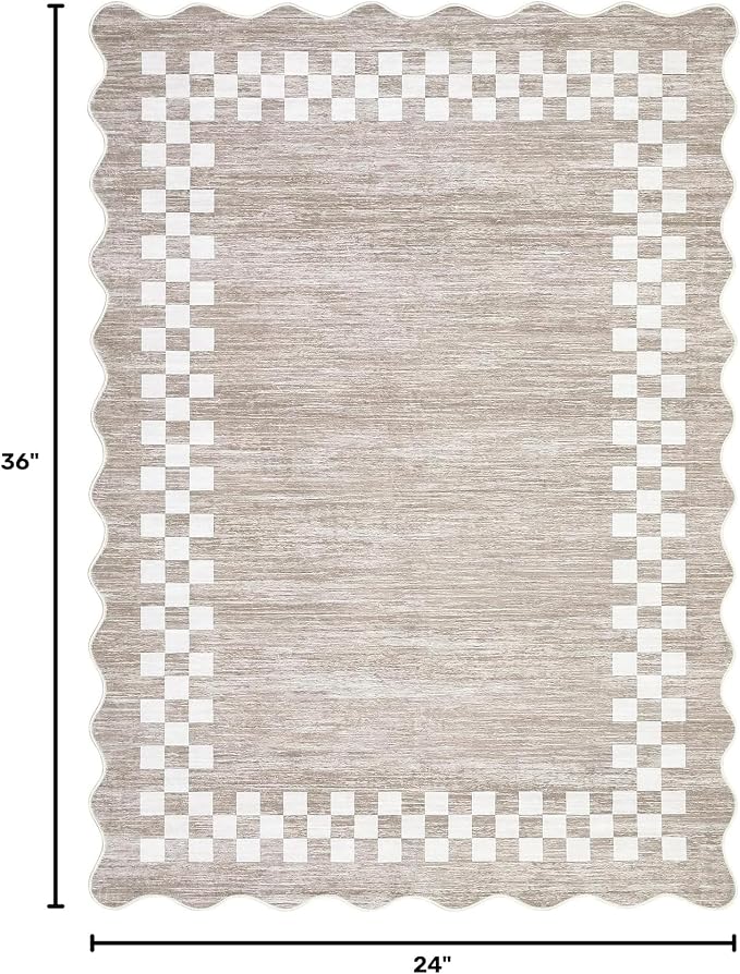 Small Area Rug 2x3 Modern Checkered Entry Rug Solid Color Scalloped Kitchen Rugs Washable Bedroom Doormat Non Slip Stain Resistant Bordered Throw Carpet for Living Room Nursery Laundry, Fog