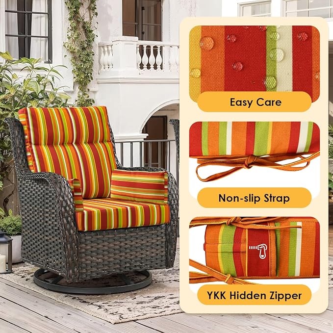 Outdoor High Back Chair Cushion, 2 Pack 48 x 24 inches Patio Chair Cushions Water Repellent Rocking Cushions Indoor Furniture Seat Pad with 2 Pillows, Rainbow Stripe
