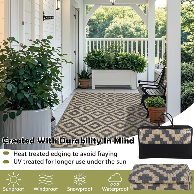 SAND MINE Reversible Mats, Plastic Straw Rug, Modern Area Rug, Large Floor Mat and Rug for Outdoors, RV, Patio, Backyard, Deck, Picnic, Beach, Trailer, Camping (4' x 6', Grey Tan Lattice)
