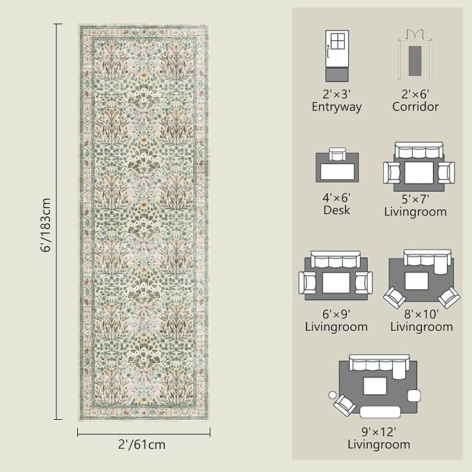 Non-Slip Washable Runner Rug 2x6, Beige & Blue Vintage Design for Hallway, Kitchen, Laundry Room & Bathroom