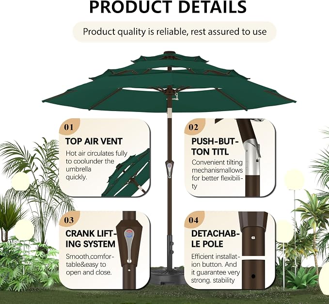 Ayge 9FT 3-Tier Large Outdoor Patio Umbrella Market Table Umbrella-UV Resistant,Easy Push Button Tilt and Crank,8 Sturdy Fiberglass Ribs Heavy-Duty Pool Umbrella for Deck,Backyard,Garden,Yard,Green