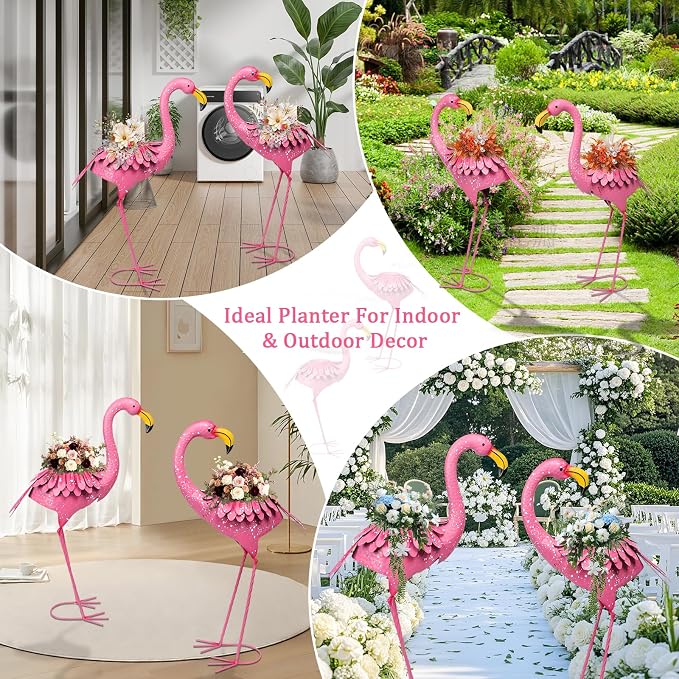 Set of 2 Flamingo Planters, Pink Metal Standing Flamingo Flower Pots with Drain Hole, Indoor Outdoor Decorative Planters for Lawn Garden Patio Yard