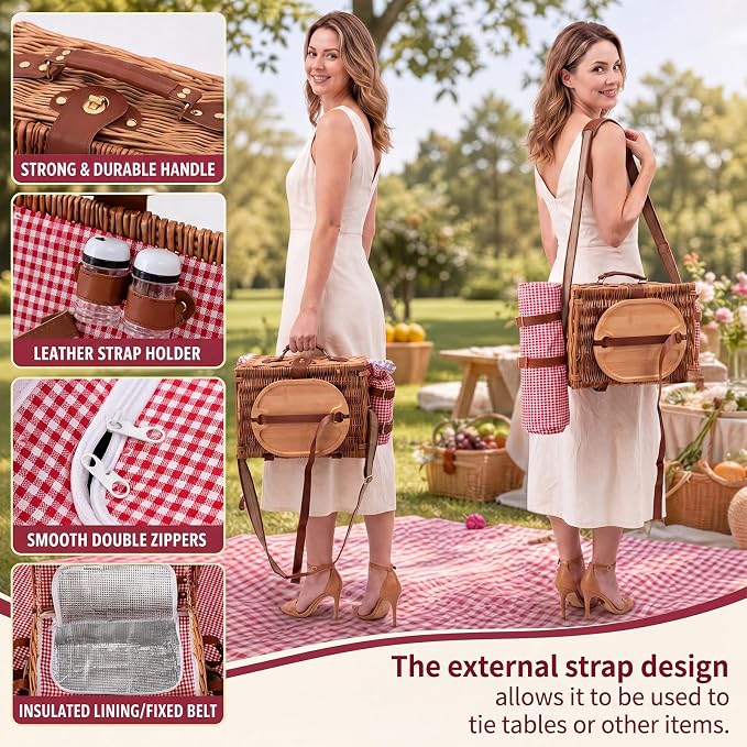 Wicker Picnic Basket Set for 2 with Foldable Table, Blanket, Insulated Liner, Large Handmade Willow Hamper Basket Sets with Cutlery Kit for Outdoor Camping Couples Wedding Bridal Shower Gift